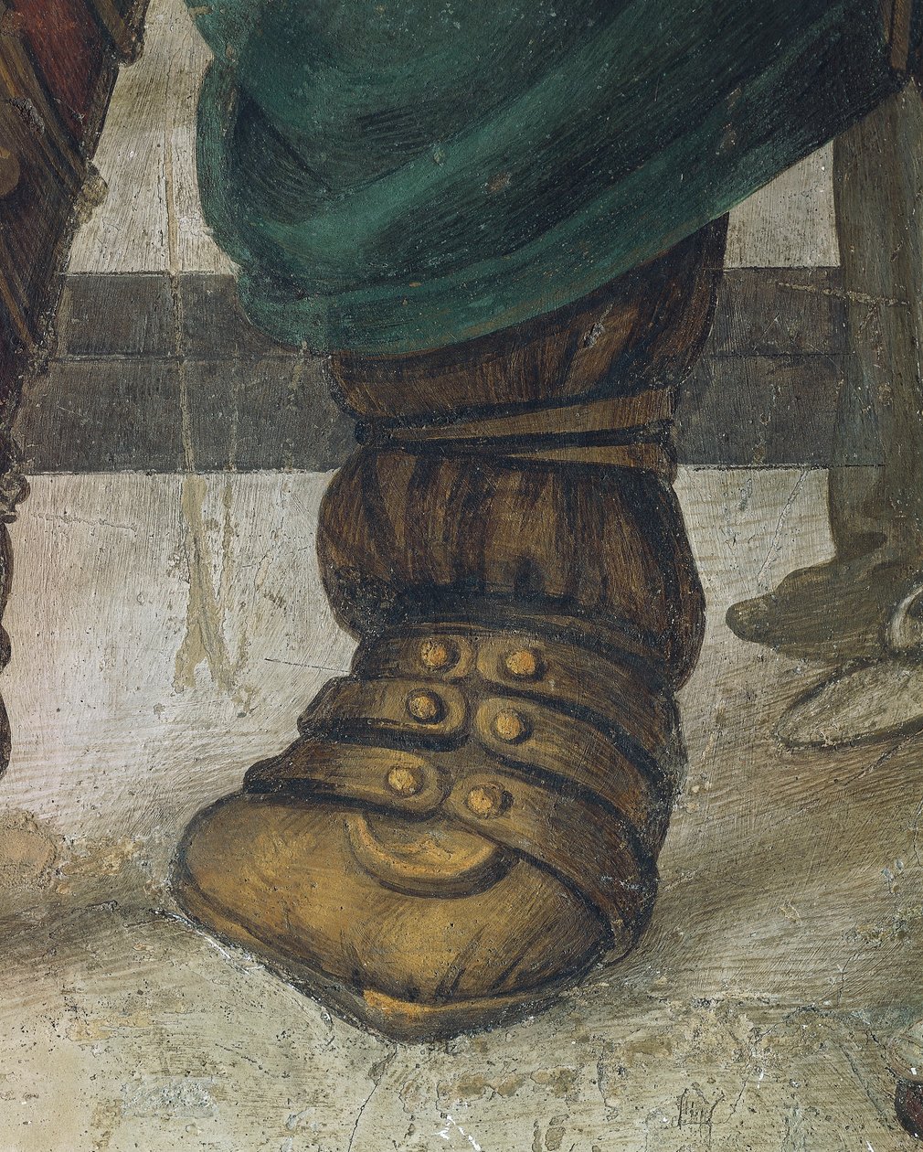 São Filipe Dragão Condutor do Templo de Hieropolis por Filippino Lippi, detalhe do calçado, fresco de Filippino Lippi