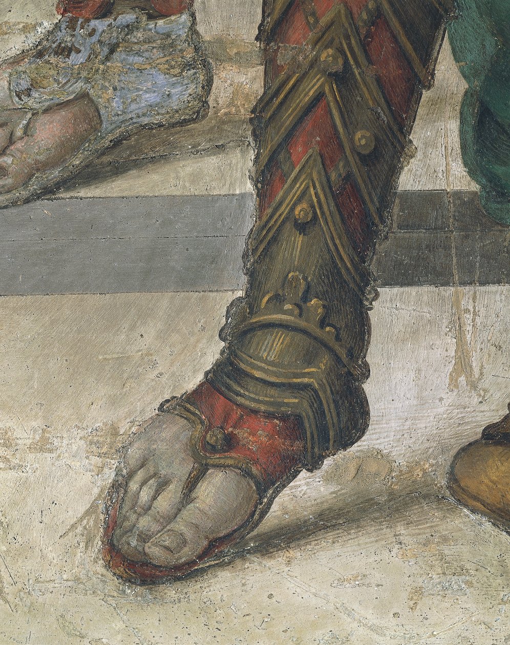 São Filipe Dragão Condutor do Templo de Hieropolis por Filippino Lippi, detalhe do calçado, fresco de Filippino Lippi