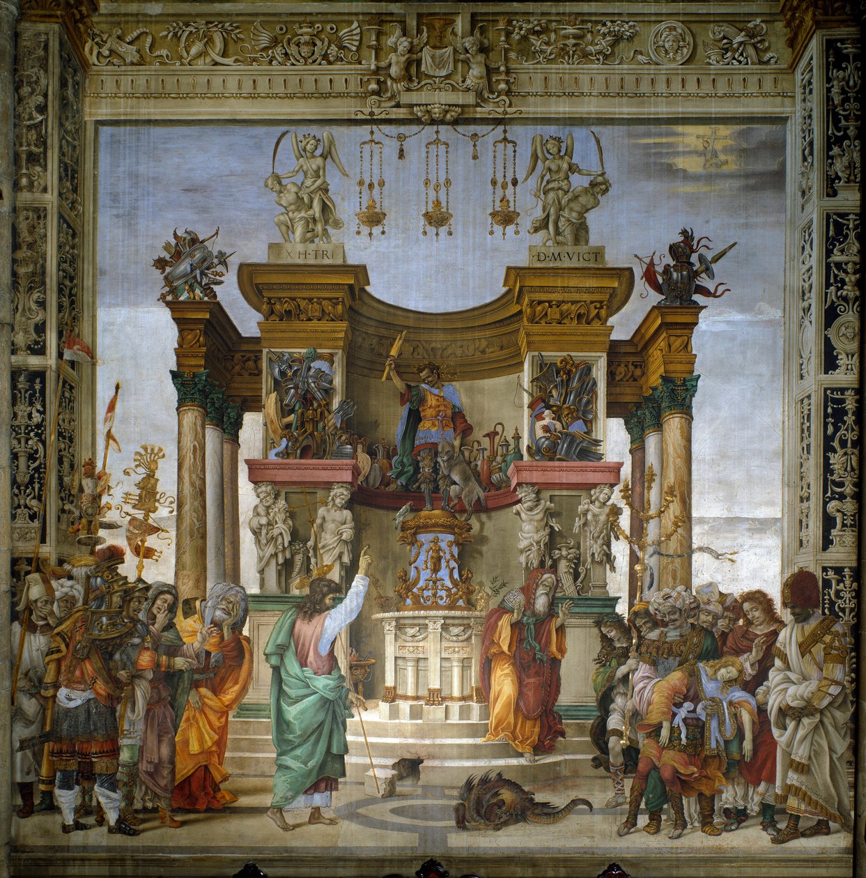 São Filipe exorciza o dragão do templo de Hierapolis Fresco, de Filipino Lippi (1457-1504) 1487-1502 Strozzi Chapel, Santa Maria Novella, Florença - São Filipe conduzindo o dragão do templo de Hieropolis, de Filipino Lippi (1457-1504). Fresco de Filippino Lippi