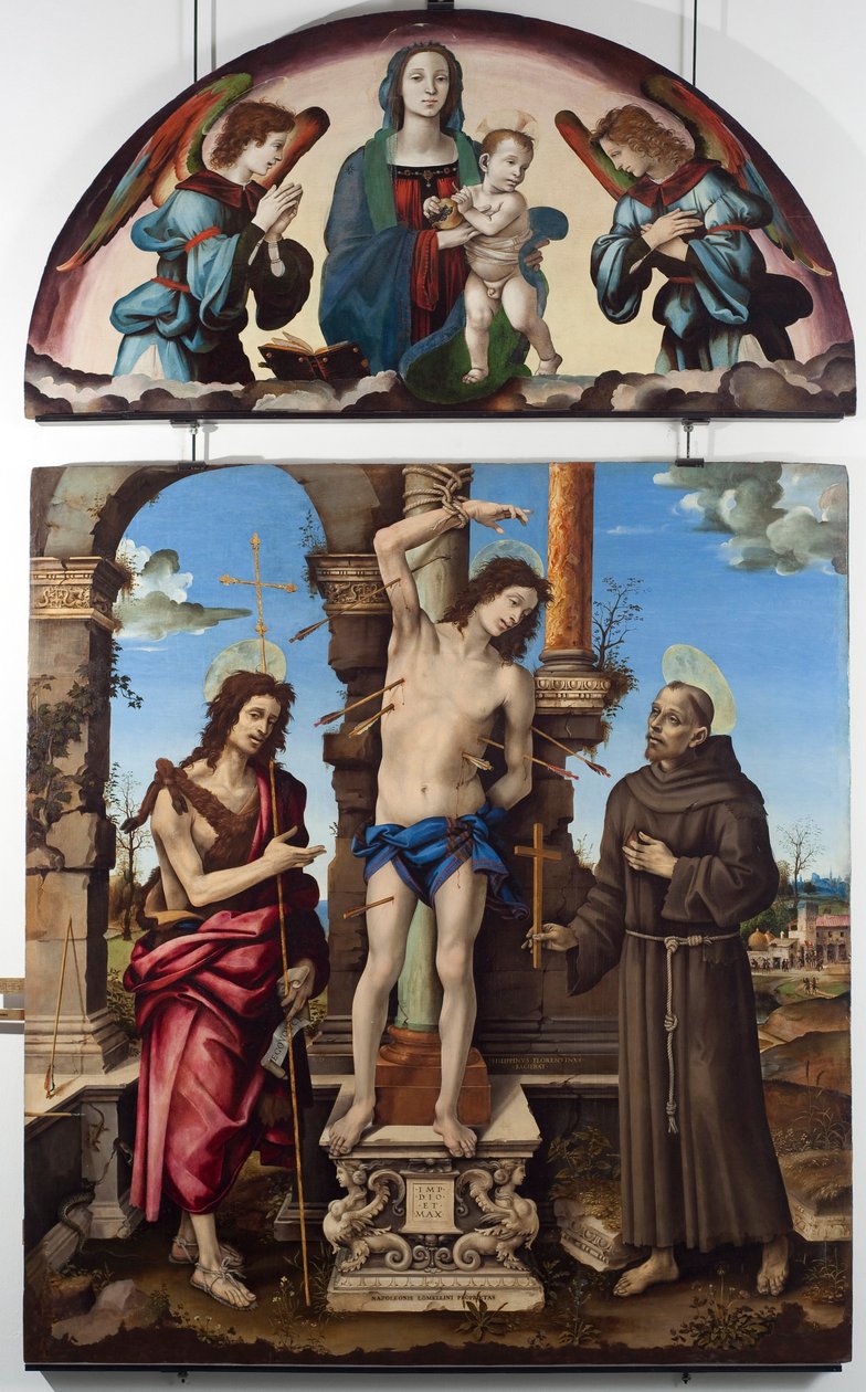 São Sebastião rodeado por São João Batista e São François de Assis Painel Central. Virgem alta tem filho. Pintura sobre madeira por Filippo Lippi (1451-1504) Dim. 298x185 cm Musei di Strada Nuova (ex Palazzo Bianco), Genes de Filippino Lippi