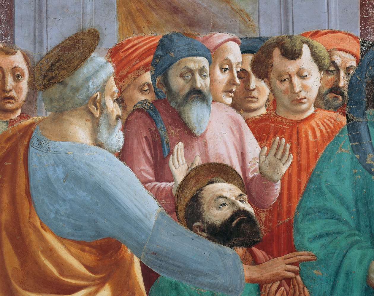 Santos e multidão, detalhe de A Criação do Filho de Teófilo, por Tommaso Masaccio, fresco de Filippino Lippi