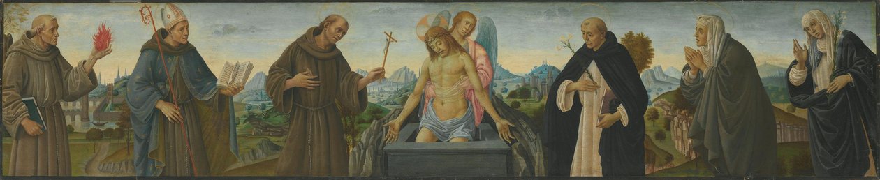 Homem das Dores e seis santos (Santo António de Pádua, Luís de Toulouse, Francisco, Domingos, Clara e Catarina de Sena) de Filippino Lippi