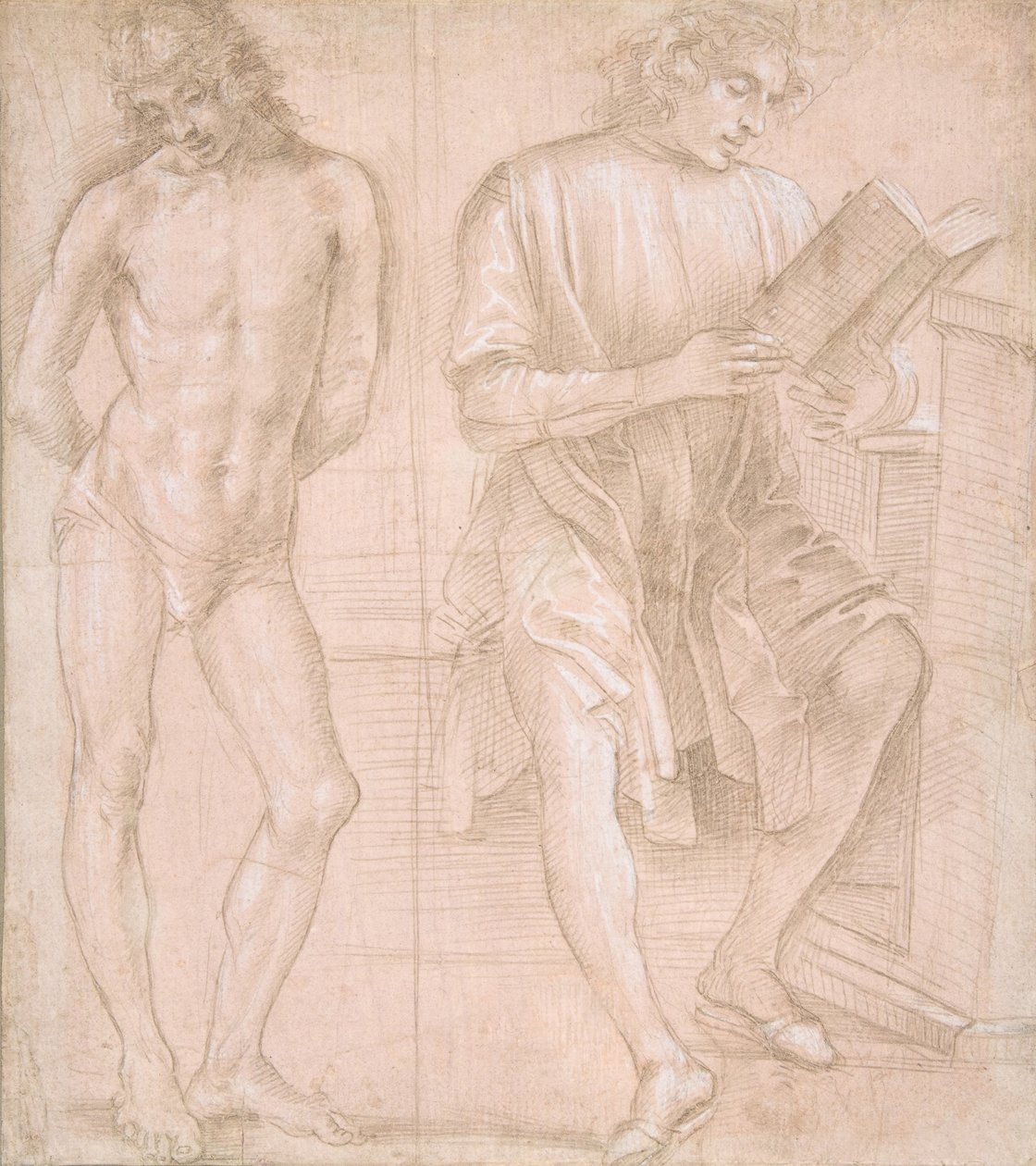 Jovens em pé com as mãos atrás das costas, e um jovem sentado lendo reto..., 145758-1504. de Filippino Lippi