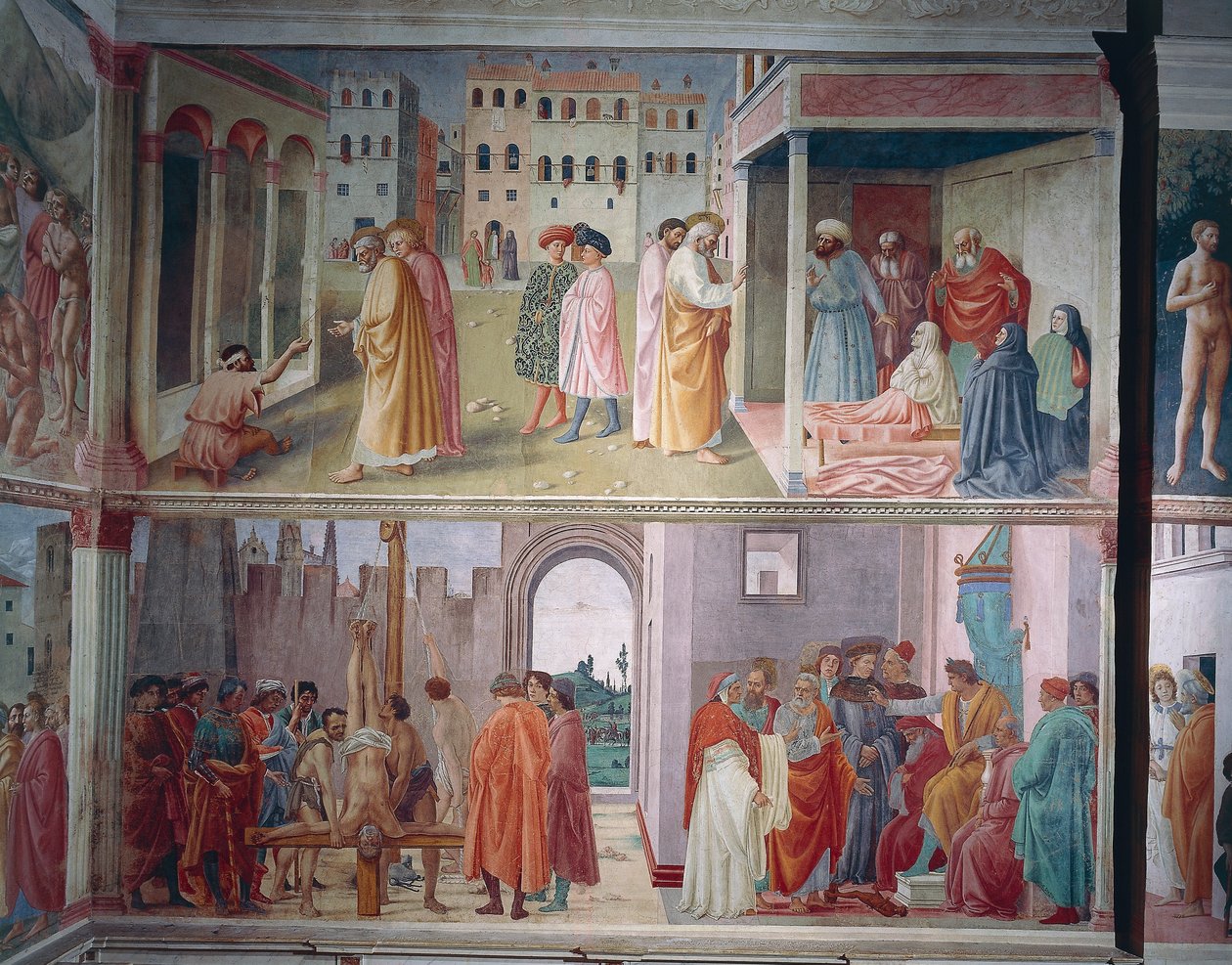 A Cura do Aleijado e a Ascensão da Tabita, de Masolino da Panicale, São Pedro confronta Simão Mago diante de Nero, e O Martírio de São Pedro, de Filippino Lippi, afrescos de Filippino Lippi