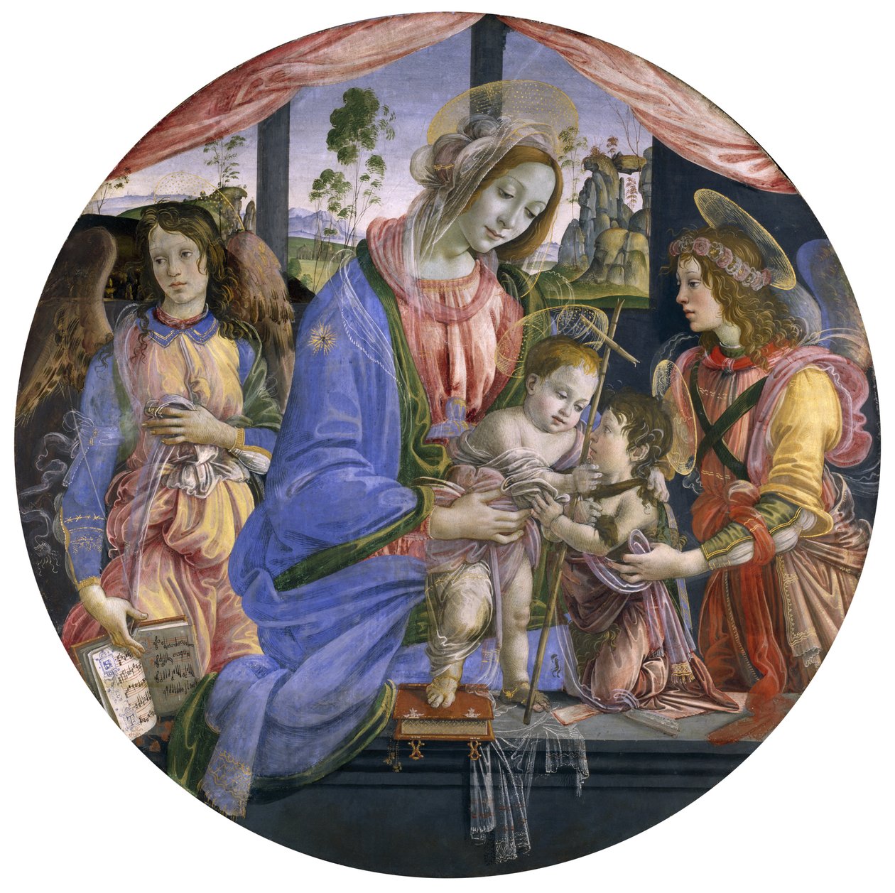 A Madona e o Menino com o Menino São João e dois anjos, meados da década de 1480 (têmpera sobre painel) de Filippino Lippi