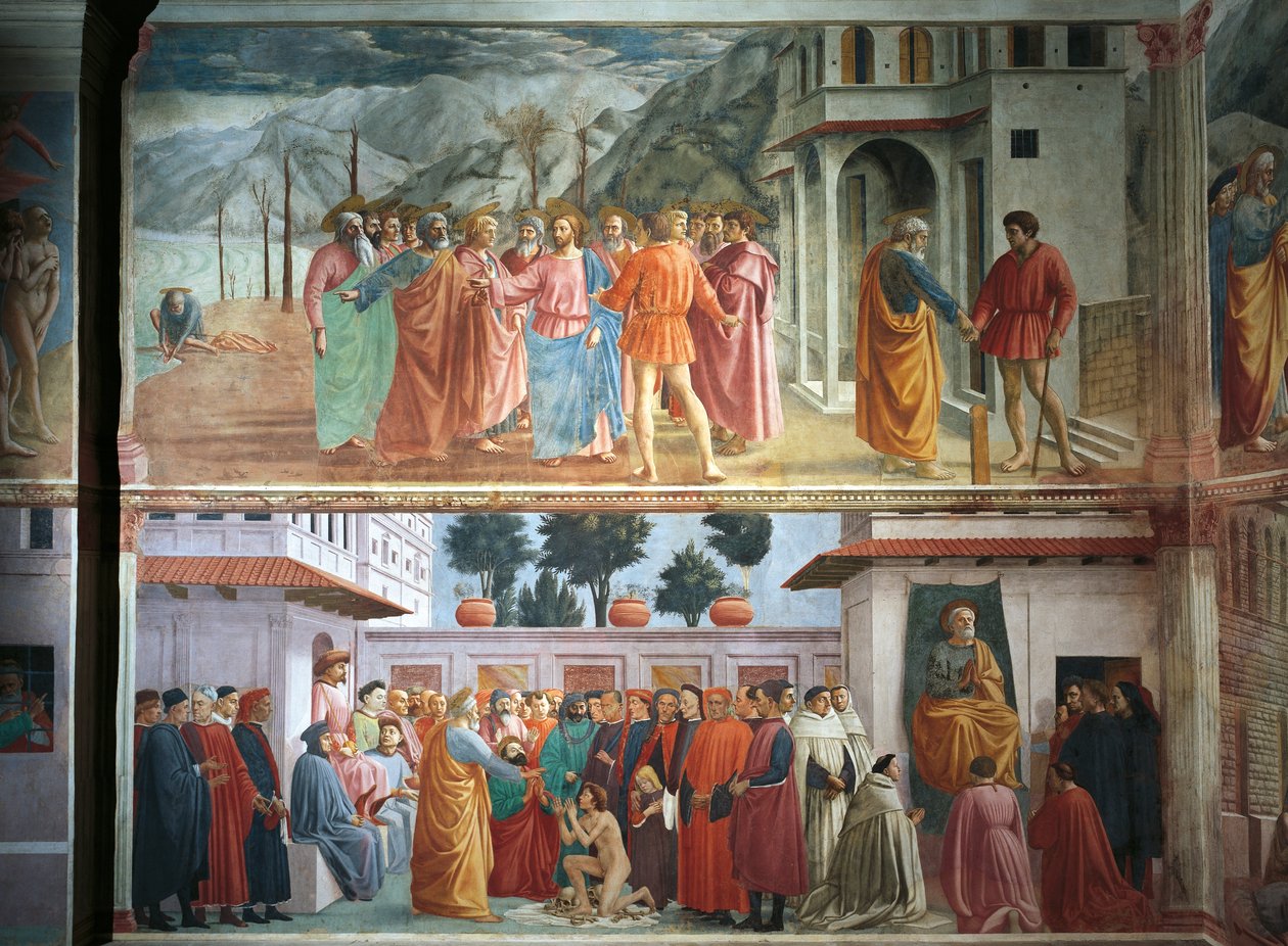 O dinheiro da Homenagem, de Tommaso Masaccio, A Criação do Filho de Teófilo e São Pedro entronizado, de Tommaso Masaccio e Filippo Lippi, afrescos de Filippino Lippi