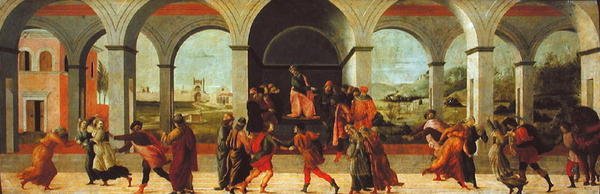 Três Cenas da História da Virgínia (óleo sobre painel) de Filippino Lippi