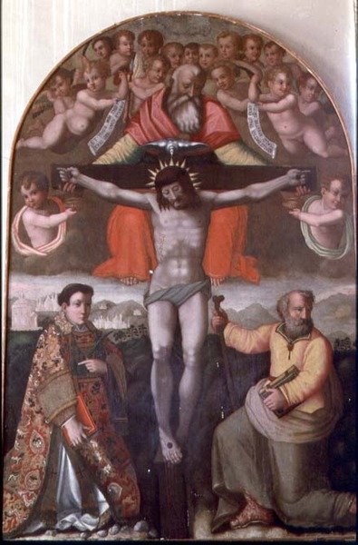 Trinity com a SS. Stephen e Philip, painel central de um retábulo (tempera no painel) de Filippino Lippi