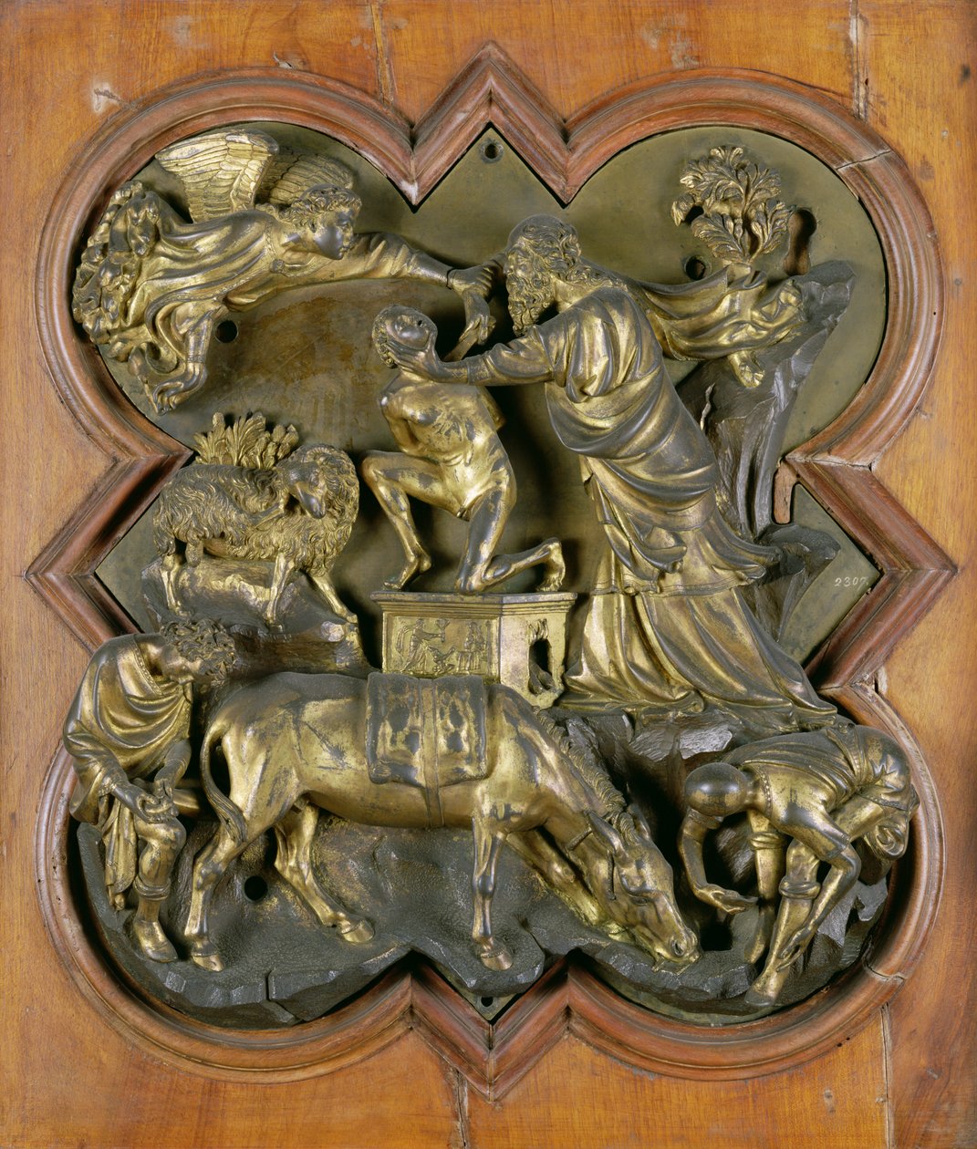 O Sacrifício de Isaac, alívio da competição de bronze para as portas do Batistério, Florença, 1401 (bronze) de Filippo Brunelleschi