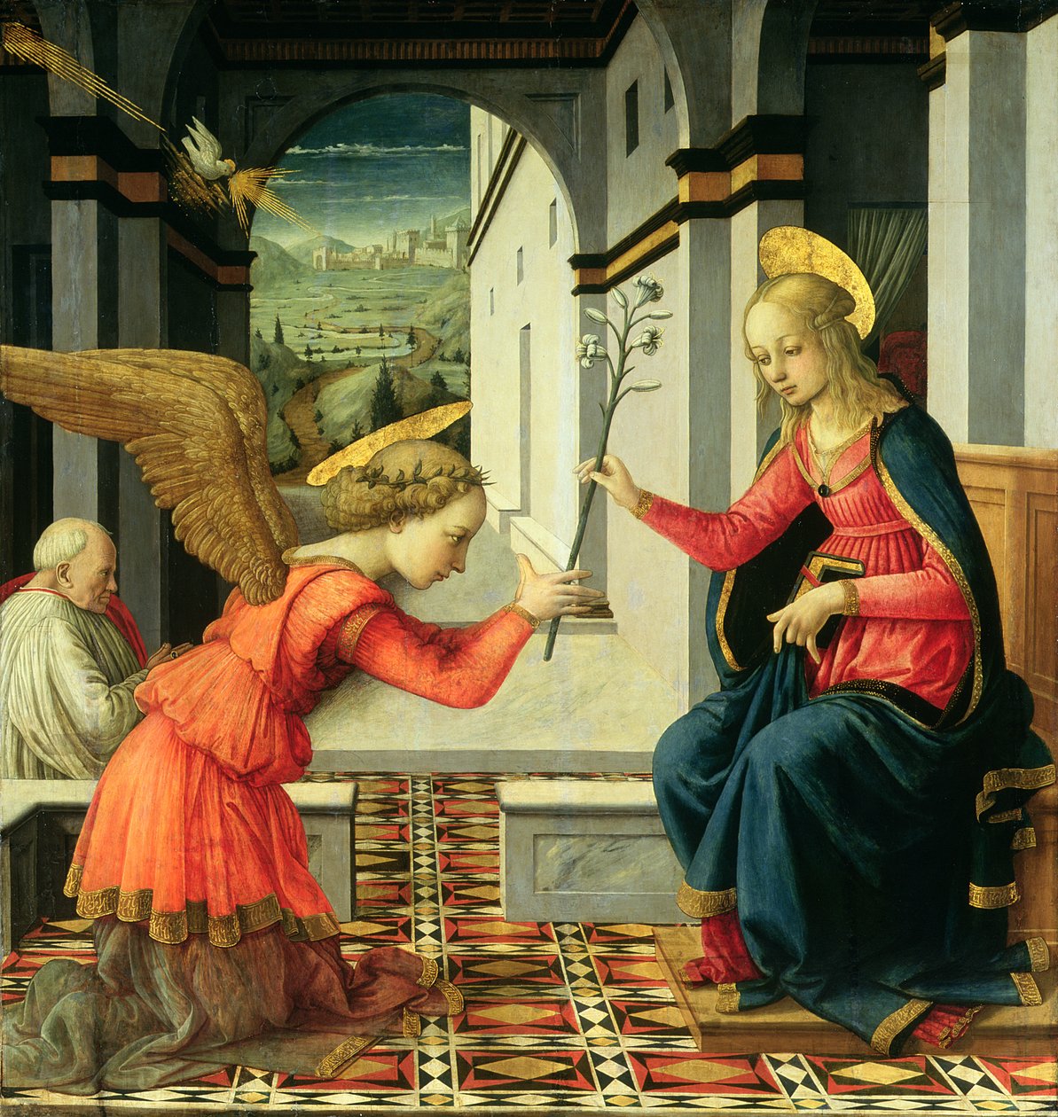 A têmpera Anunciação no detalhe do painel de 225657 de Fra Filippo Lippi