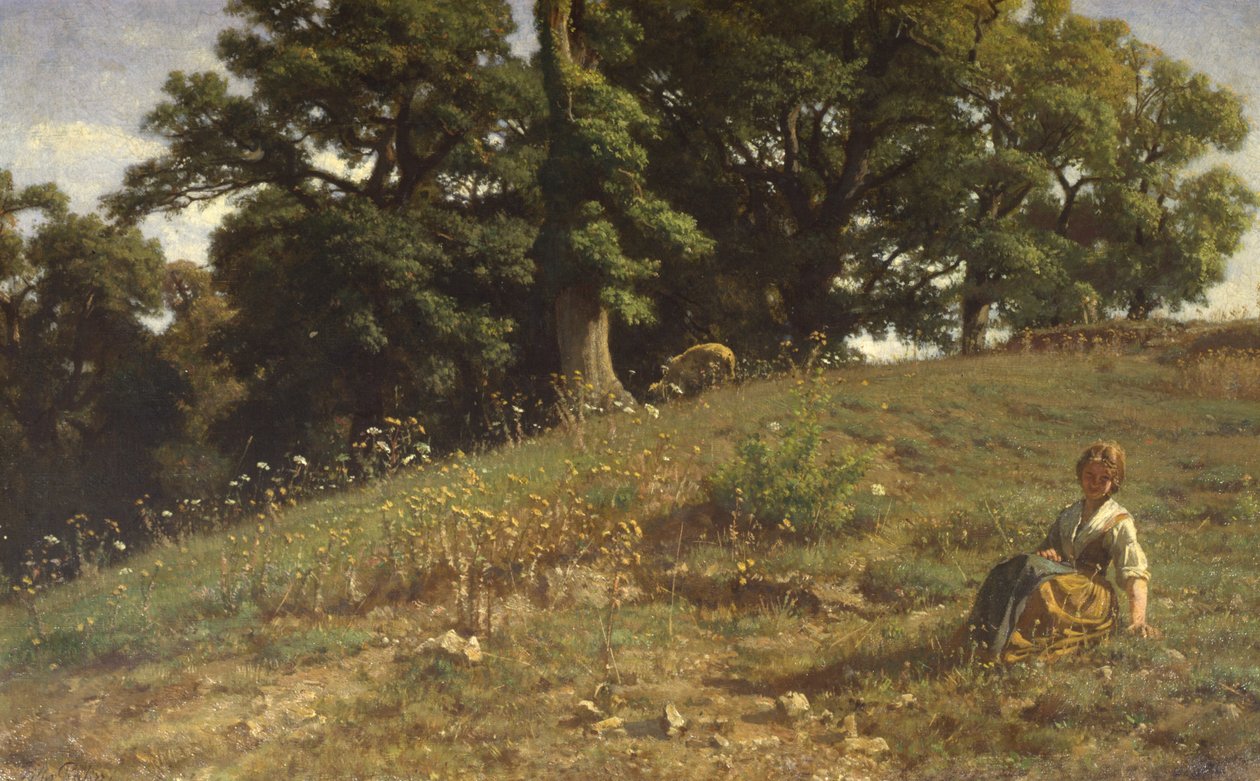 Prado com carvalho e camponês de Filippo Palizzi