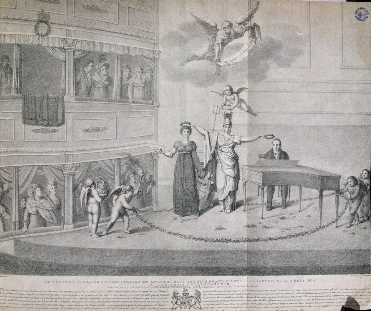 O Teatro Real da Ópera Italiana em Londres, em seu maior lustro, em 24 de janeiro e 3 de março de 1824, ou The Three Crownings, impresso por Charles Hullmandel (1789-1850), 1824 de Filippo Pistrucci