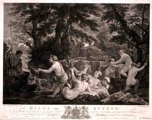 Diana e Acteon, gravada por William Woollett (1735-85), publicada por J. Boydell de Filippo (after) Lauri