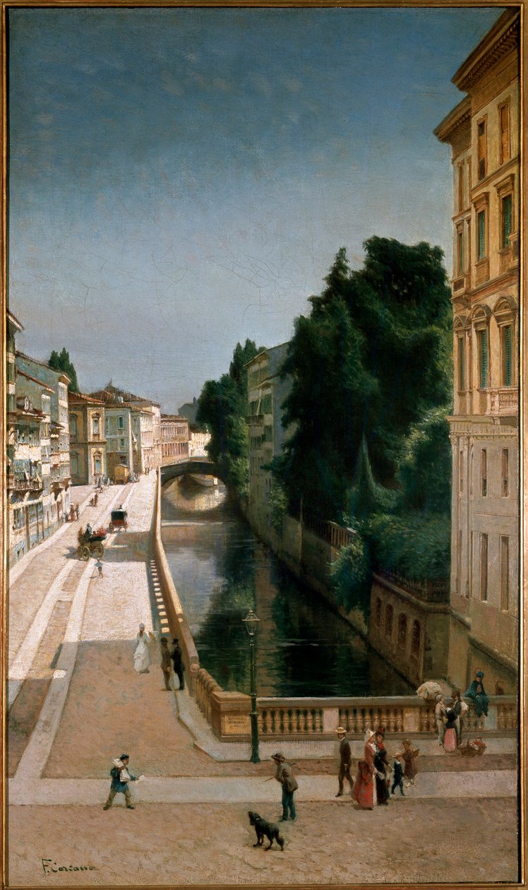 Vista do canal na rua Senato em Milão (óleo sobre madeira de Filippo Carcano