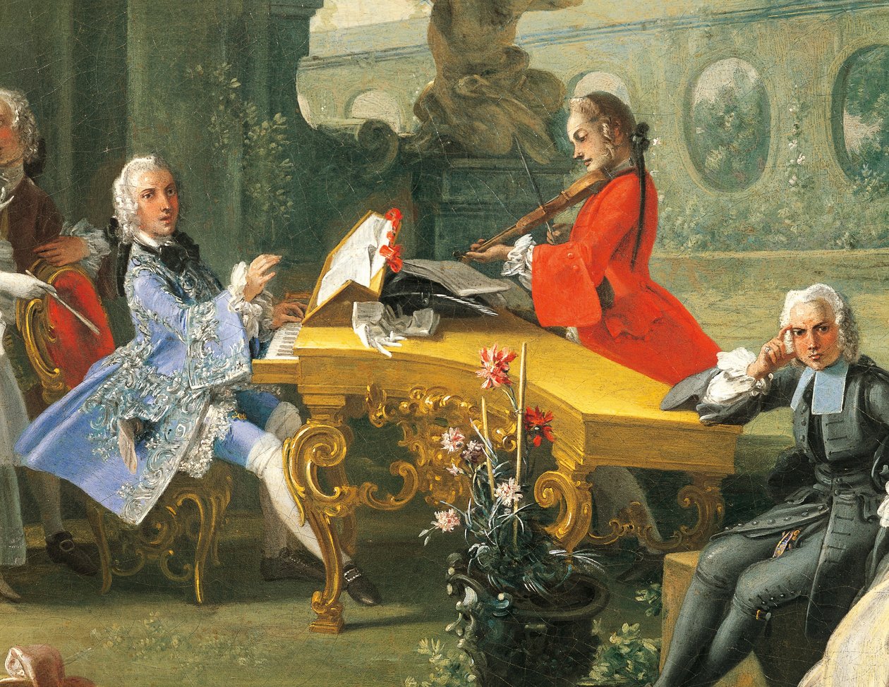 Concerto num jardim, ca. 1750, de Filippo Falciatore (activo 1737-1768), óleo sobre tela, 75,8 x102 cm. Detalhe. Itália de Filippo Falciatore