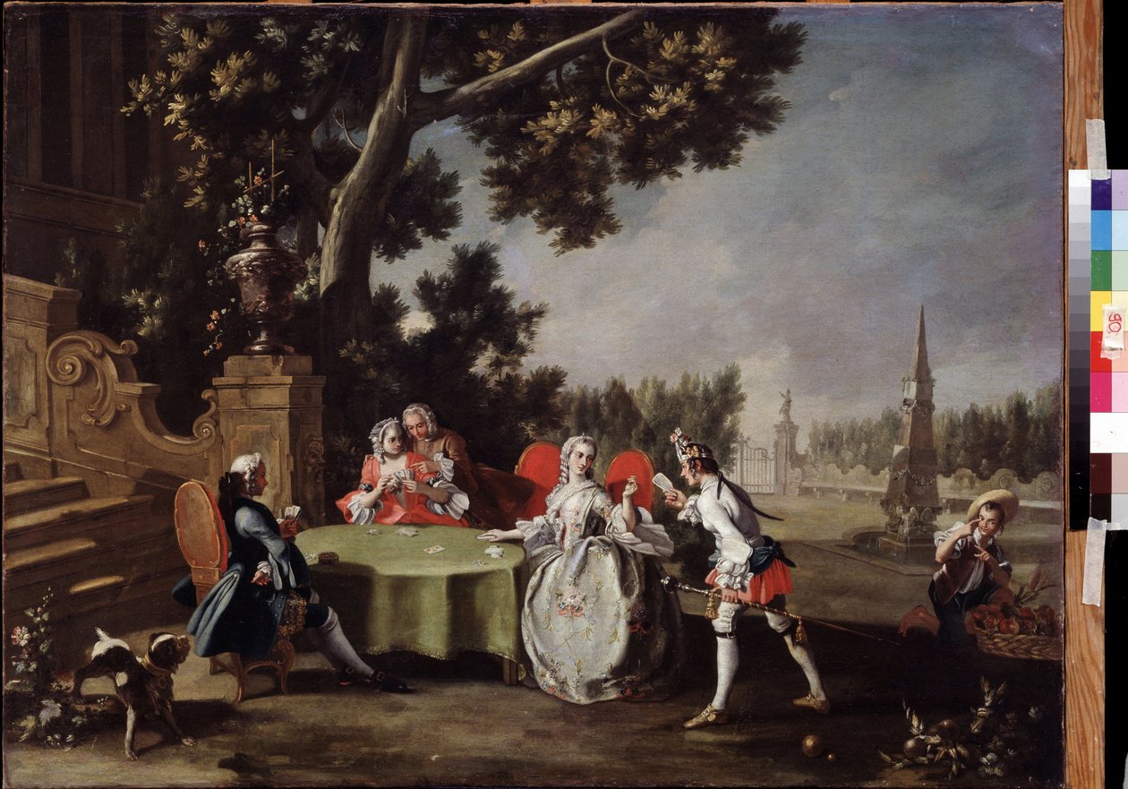 "O Jogo de Cartas" Um grupo de nobres italianos a jogar às cartas num jardim. Pintura de Filippo Falciatore (1718-1768) Museu Pushkin do século XVIII, Moscovo de Filippo Falciatore