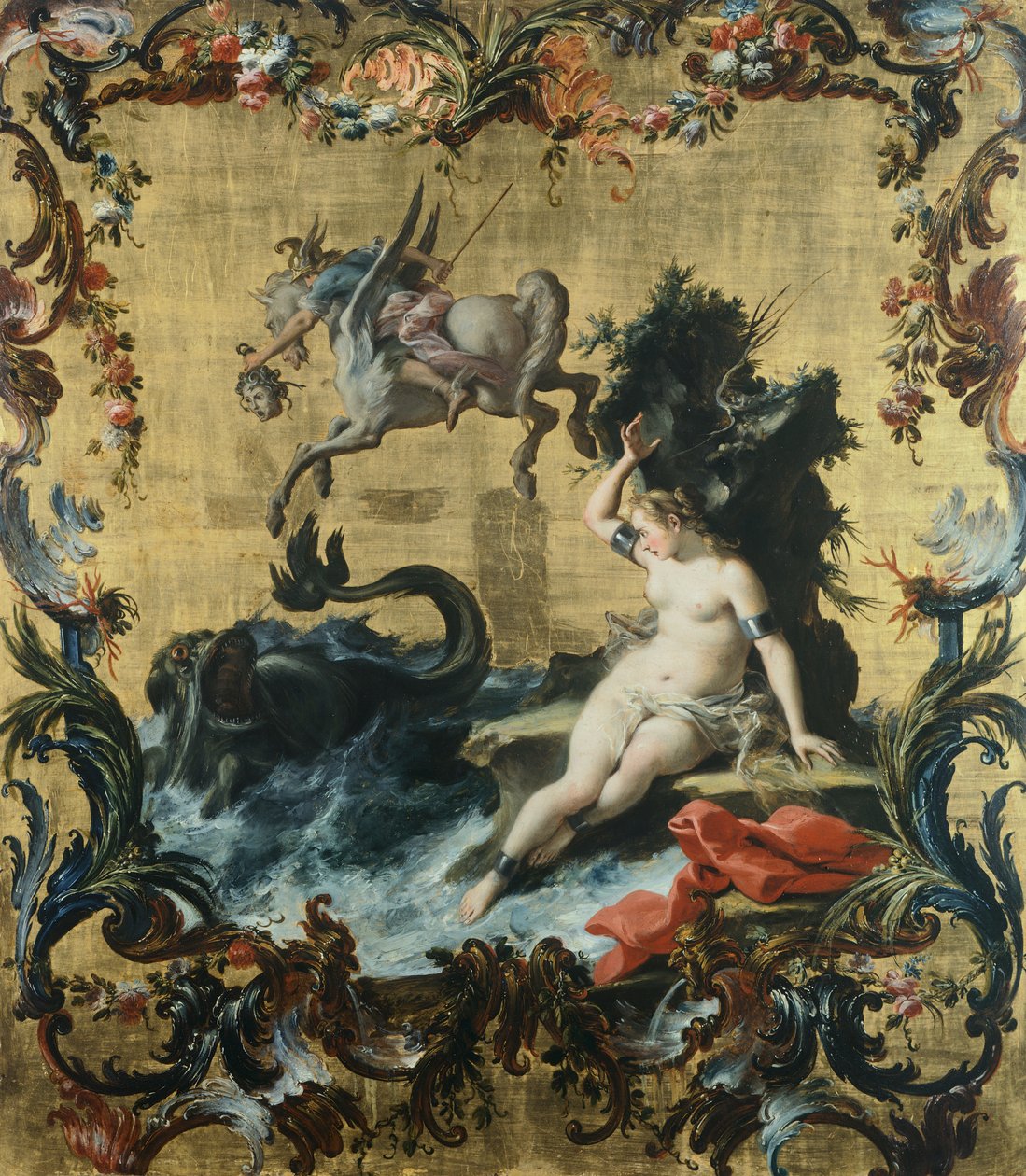Perseu libertando Andrômeda do monstro marinho, de Filippo Falciatore (ativo 1728-1768), óleo sobre painel. de Filippo Falciatore