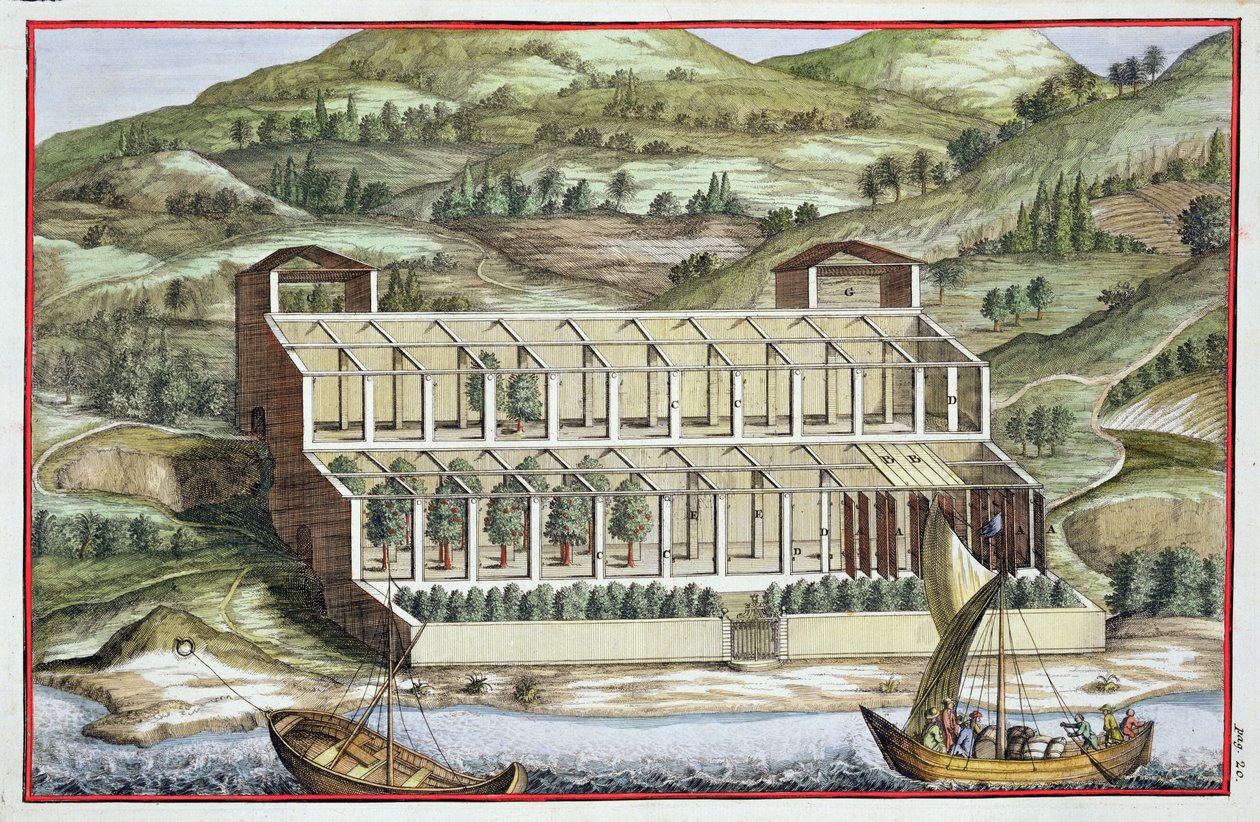 Estrutura de uma estufa, de "Hespérides", de Giovanni Battista Ferrari, gravada por Cammillo Congio (fl.1630), publicada em 1646 de Filippo Gagliardi
