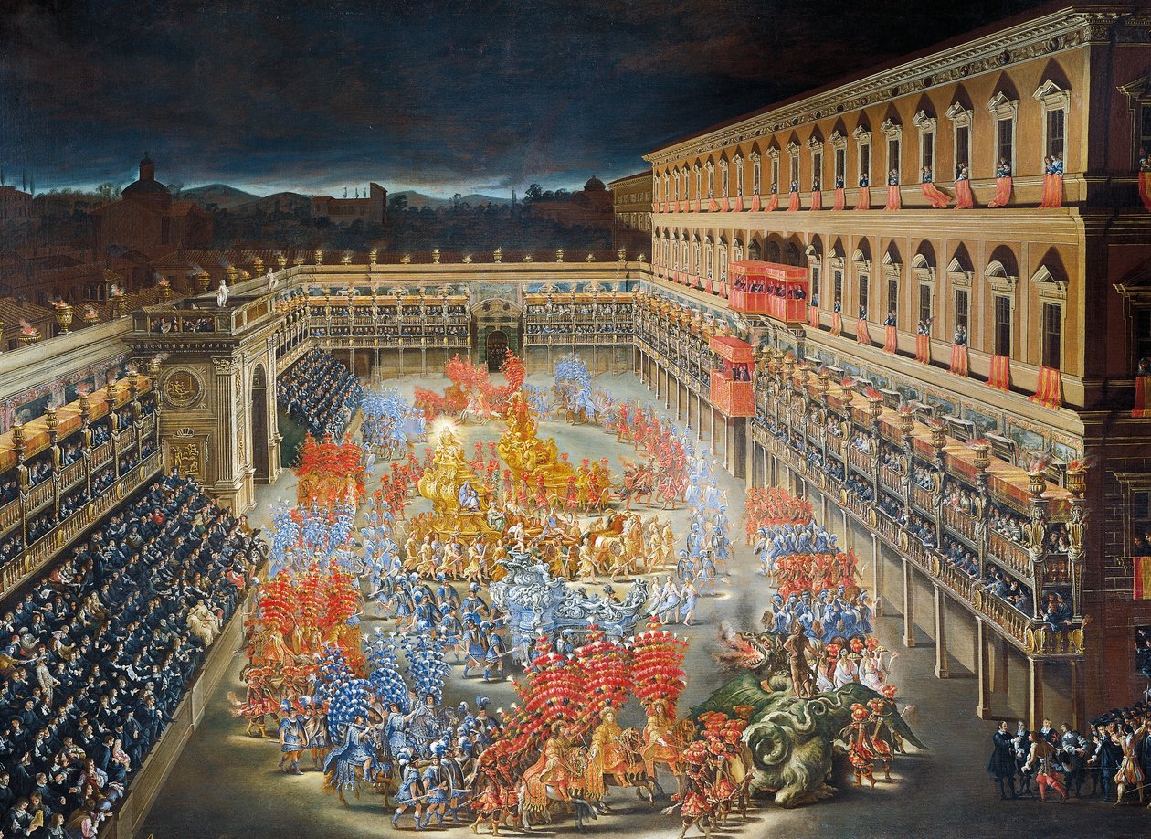 Celebrações no Palazzo Barberini em homenagem à chegada da rainha Cristina da Suécia a Roma em 1656, pintura de Filippo Lauri (1623-1694) e Filippo Gagliardi (1606-1659), Detalhe de Filippo and Gagliardi Filippo Lauri