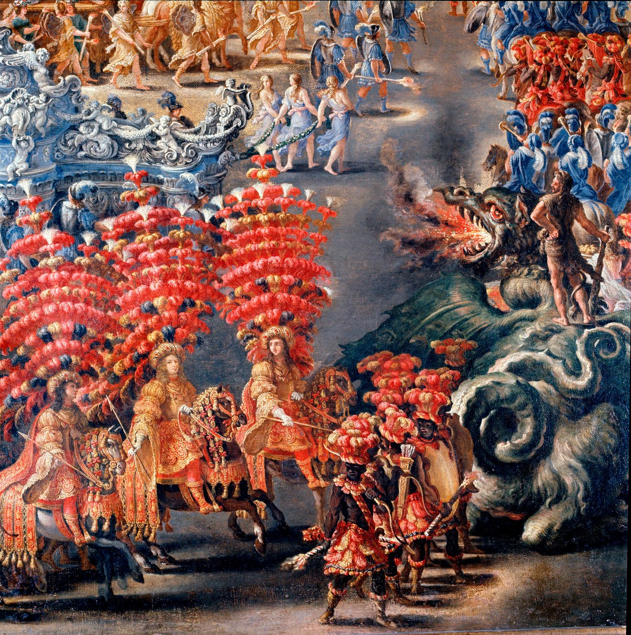 Fete no Palazzo Barberini em homenagem a Christine de Suede (Cristina di Svezia), em 28/02/1656 Detalhe. Pintura de Filippo Lauri (1623-1694) e Filippo Gagliardi (falecido em 1659). Roma do século XVII, Museu de Roma de Filippo Lauri