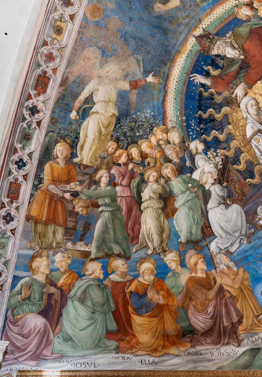 Santos e anjos, detalhe da coroação de Maria de Filippo Lippi