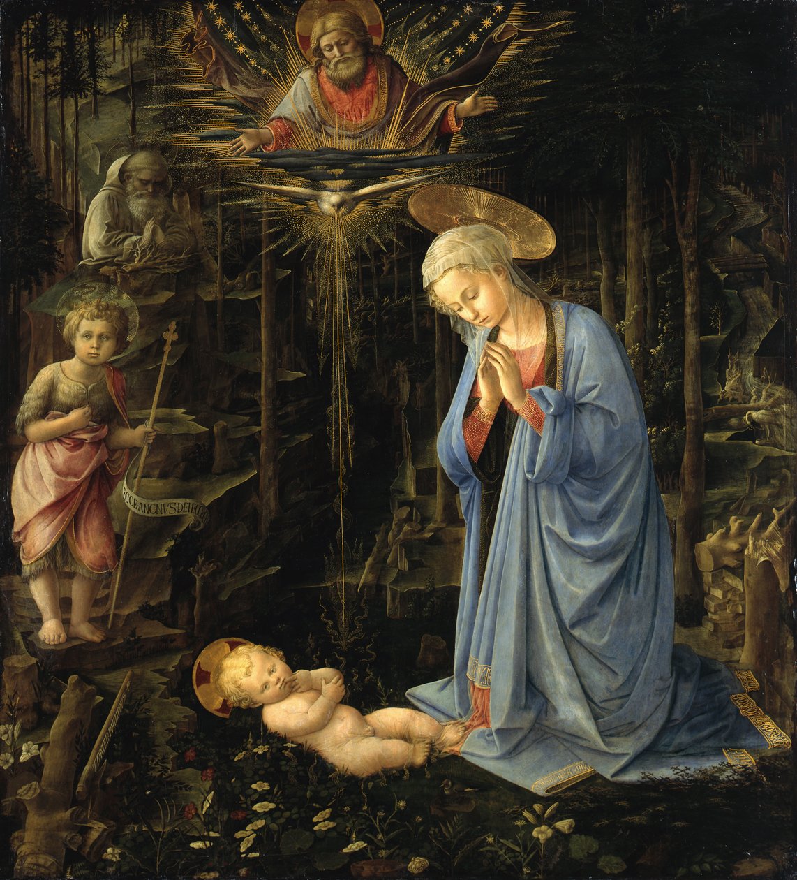 A Virgem adorando o Menino / A adoração na floresta, A Sagrada Família com o jovem São João de Filippo Lippi