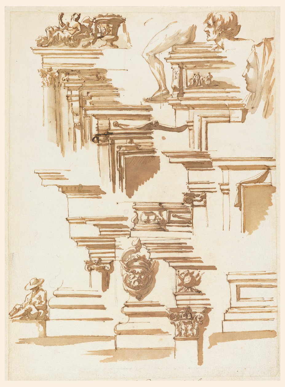 Detalhes arquitetônicos; figuras humanas de Filippo Marchionni