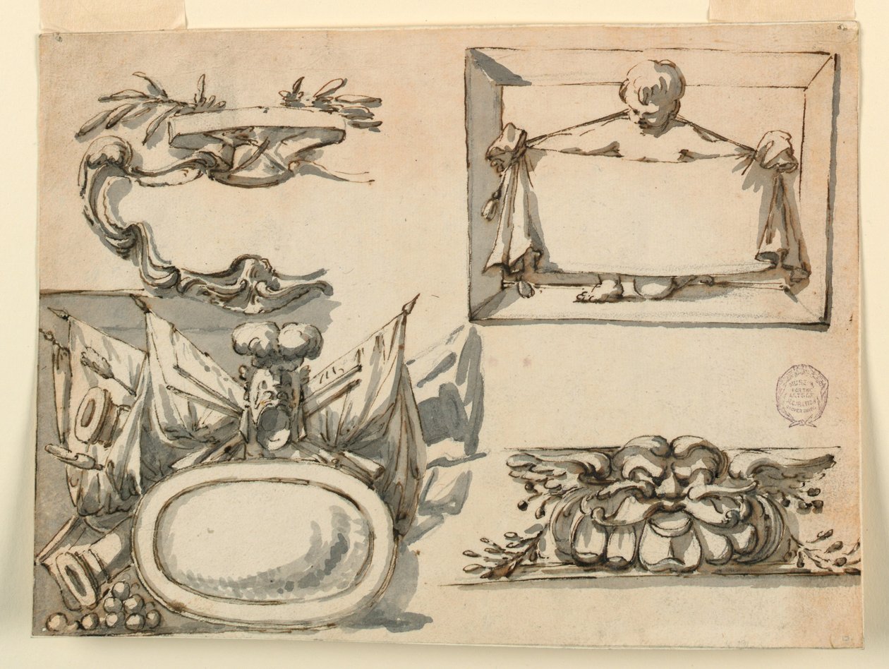 Desenho, Um escudo, um troféu, uma etiqueta, um motivo decorativo para um friso, 1750-75 de Filippo Marchionni