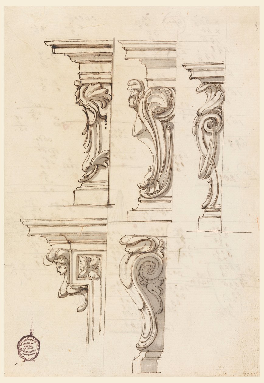 Desenho, Cinco motivos de cantos, ca. 1750 de Filippo Marchionni