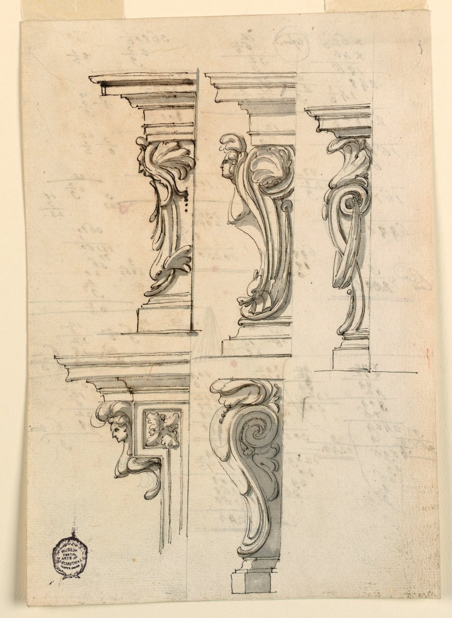 Desenho, Cinco motivos de cantos, ca. 1750 de Filippo Marchionni