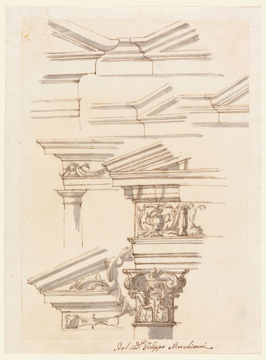 Desenho, Estudos para entablamentos e frontão, ca. 1770 de Filippo Marchionni