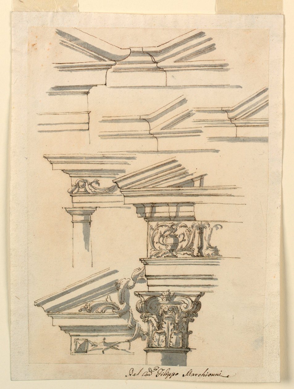 Desenho, Estudos para entablamentos e frontão, ca. 1770 de Filippo Marchionni