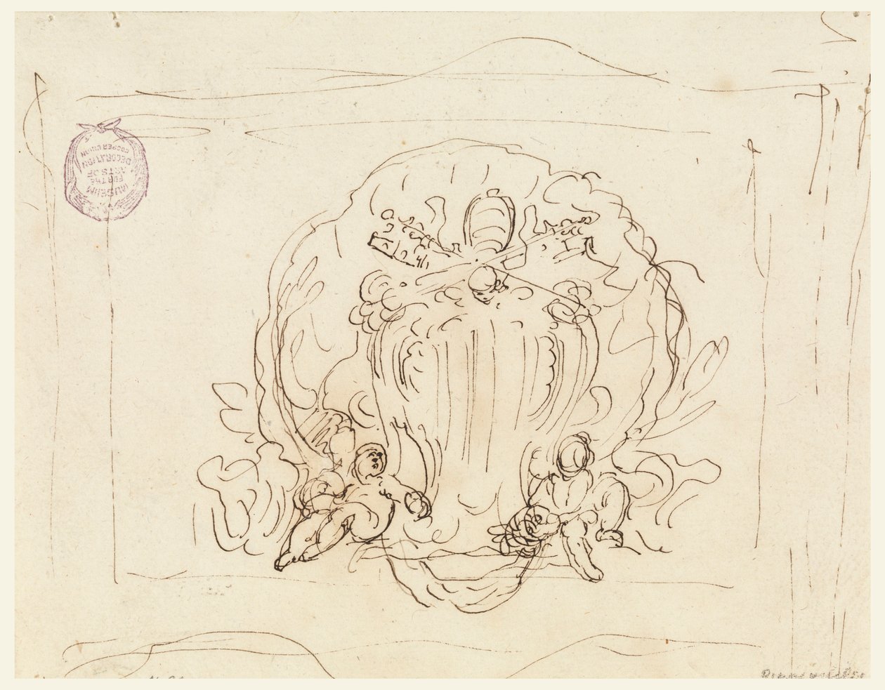 Desenho, Tábua com o brasão de armas do Papa Bento XIV com concha como fundo, 1740-58 de Filippo Marchionni