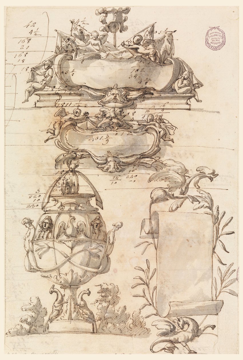 Desenho, Dois escudetes, vaso decorativo e uma voluta, 1750-75 de Filippo Marchionni