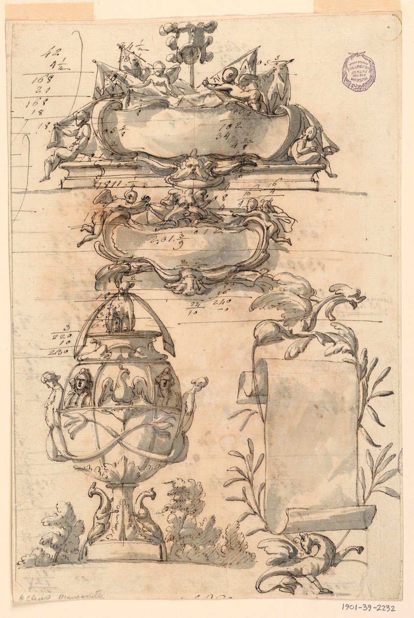 Desenho, Dois escudetes, vaso decorativo e uma voluta, 1750-75 de Filippo Marchionni