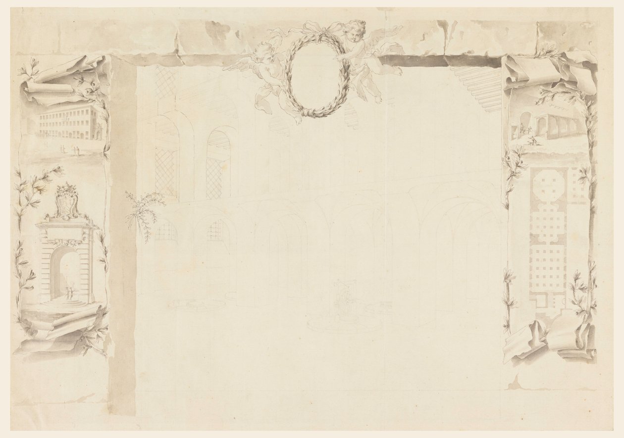 Desenho, Projeto inacabado para uma folha memorial referente à construção de uma fábrica papal (Magazins de Annona), 1760-69 de Filippo Marchionni