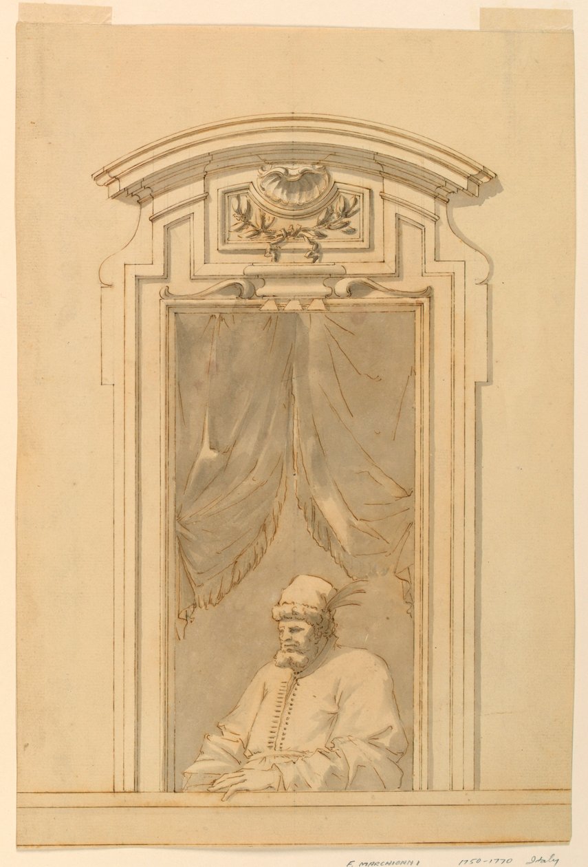 Desenho, Caixa de janela e metade de uma figura de um turco, 1750-70 de Filippo Marchionni
