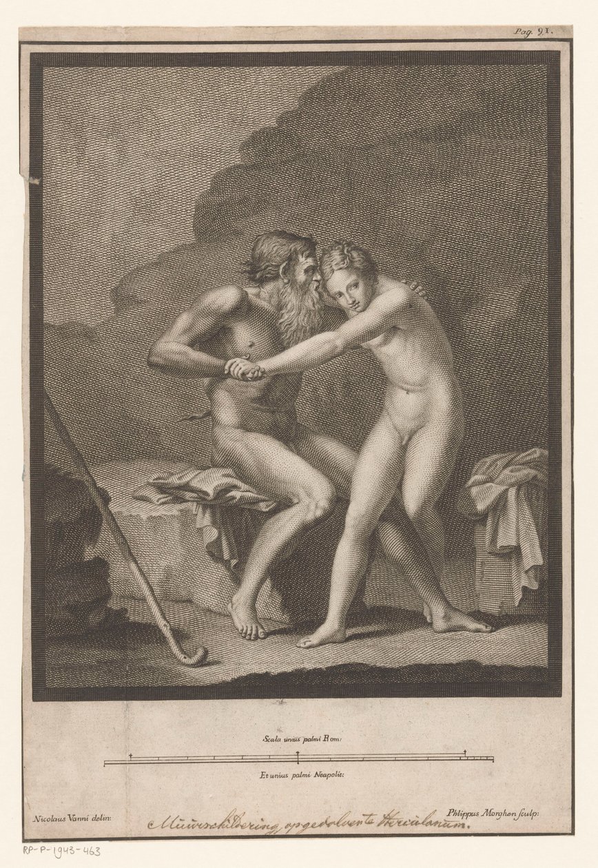 Faun stalks nus um jovem nu ou ninfa de Filippo Morghen