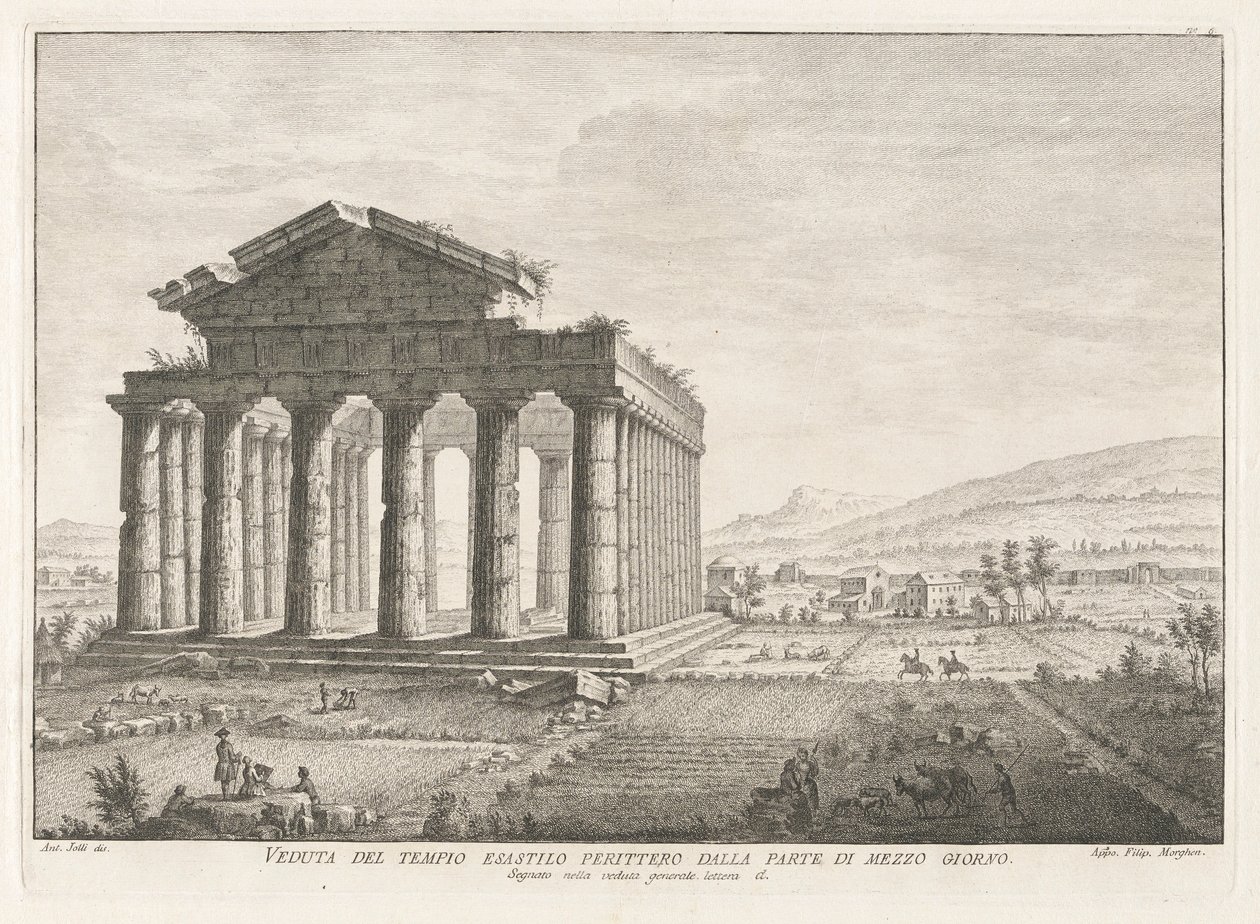 Vista do Templo do Hexastyle Peripteral do Sul, de Antiguidades de Paestum de Filippo Morghen