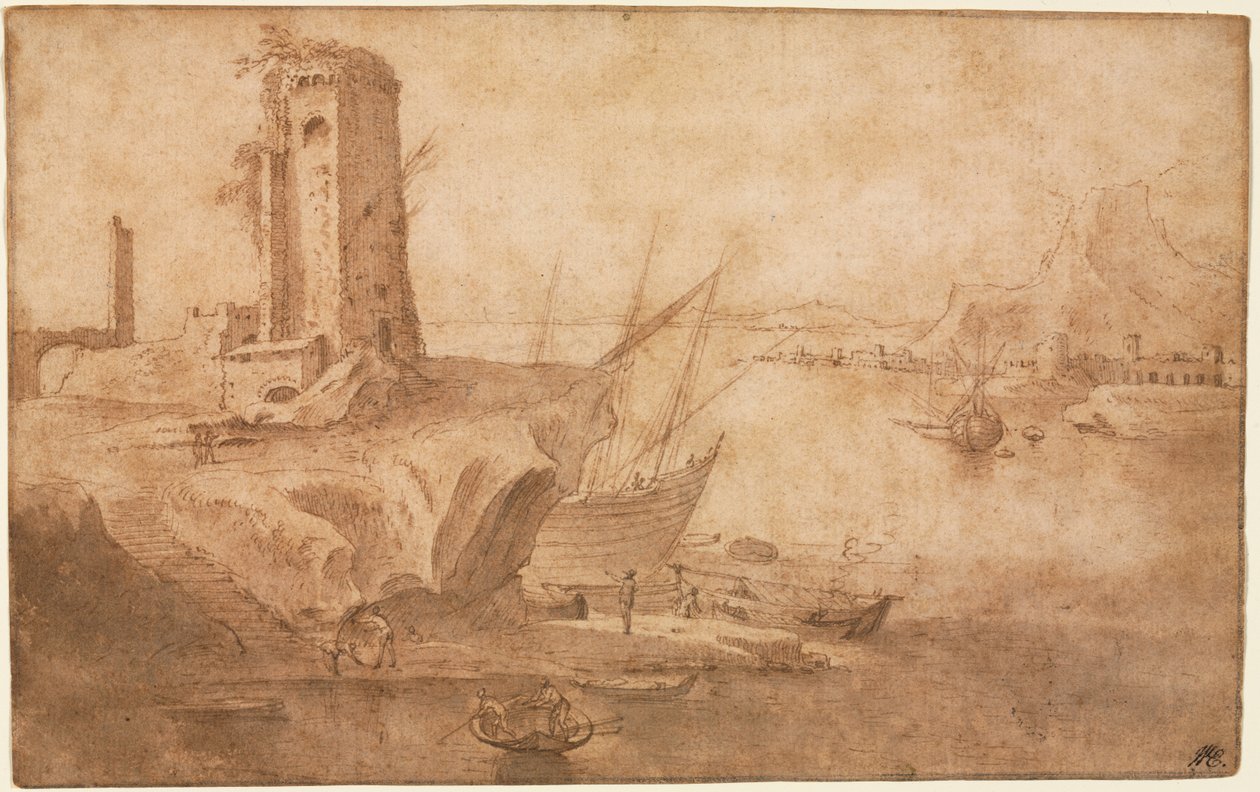 Paisagem com torre à beira-mar de Filippo Napoletano