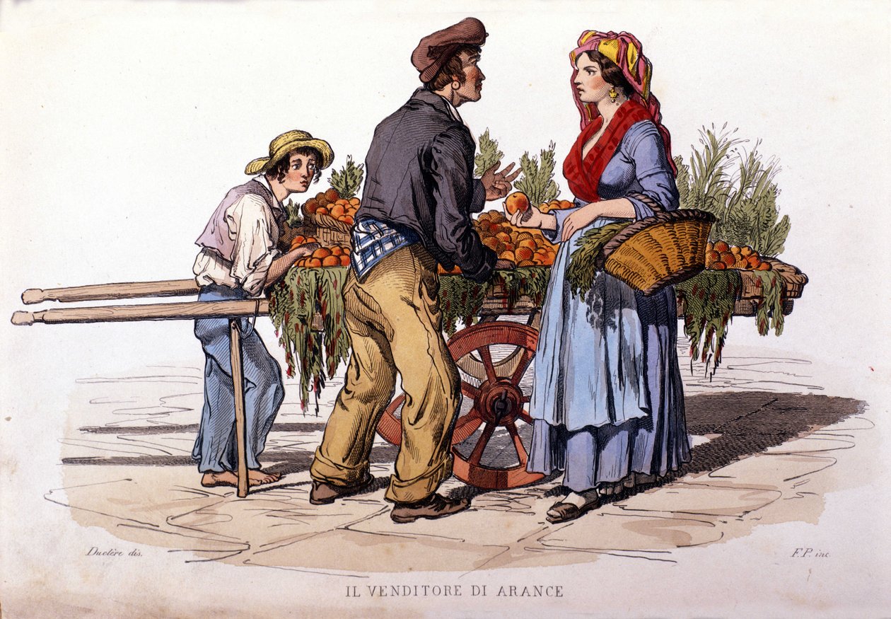 Kleingewerbe da cidade de Nápoles: o vendedor ambulante de laranjas. Gravura segundo uma pintura de F. Palizza. De uma obra de Francesco de Bourcard "Costumi del regno di Napoli" de Filippo Palizzi
