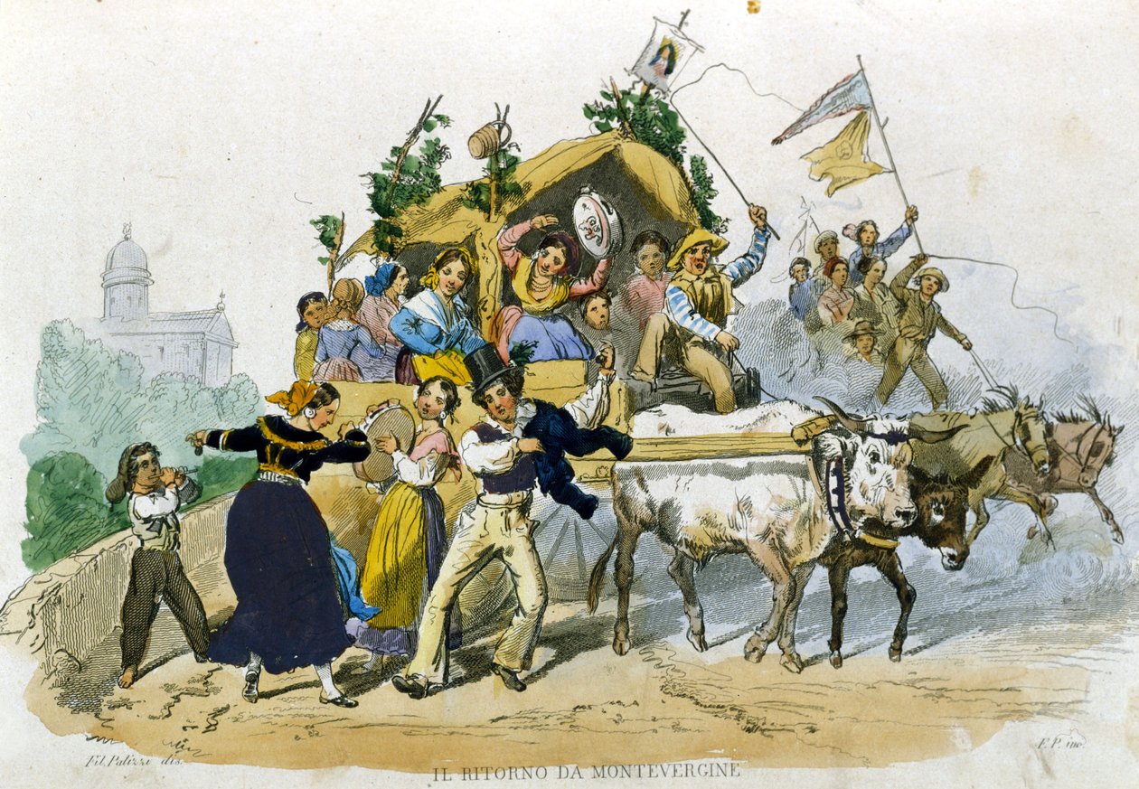 Os napolitanos voltam alegremente da excursão a Montevergine. Desenho de F. Palizzi de "Costumi del regno di Napoli" de De Bourcard de Filippo Palizzi