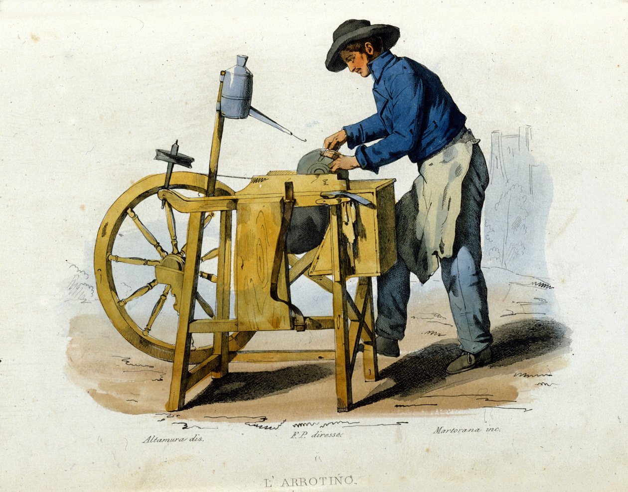 Pequeno comércio da cidade de Nápoles: um amolador de facas. Gravura a partir de uma pintura de F. Palizza. De uma obra de Francesco de Bourcard "Costumi del regno di Napoli" de Filippo Palizzi