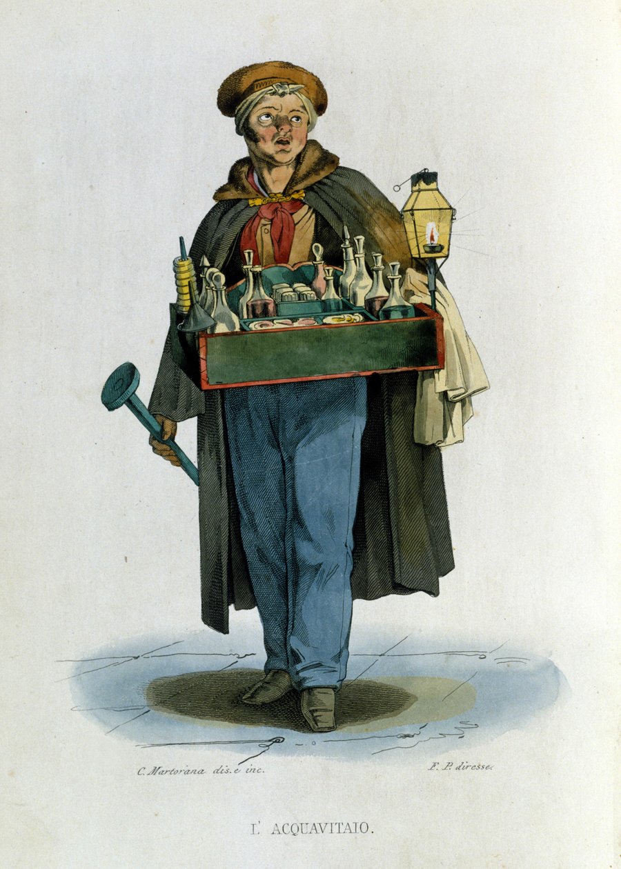 Pequeno comércio da cidade de Nápoles: um caixeiro-viajante de aguardente. Gravura segundo uma pintura de F. Palizza. De uma obra de Francesco de Bourcard "Costumi del regno di Napoli" de Filippo Palizzi