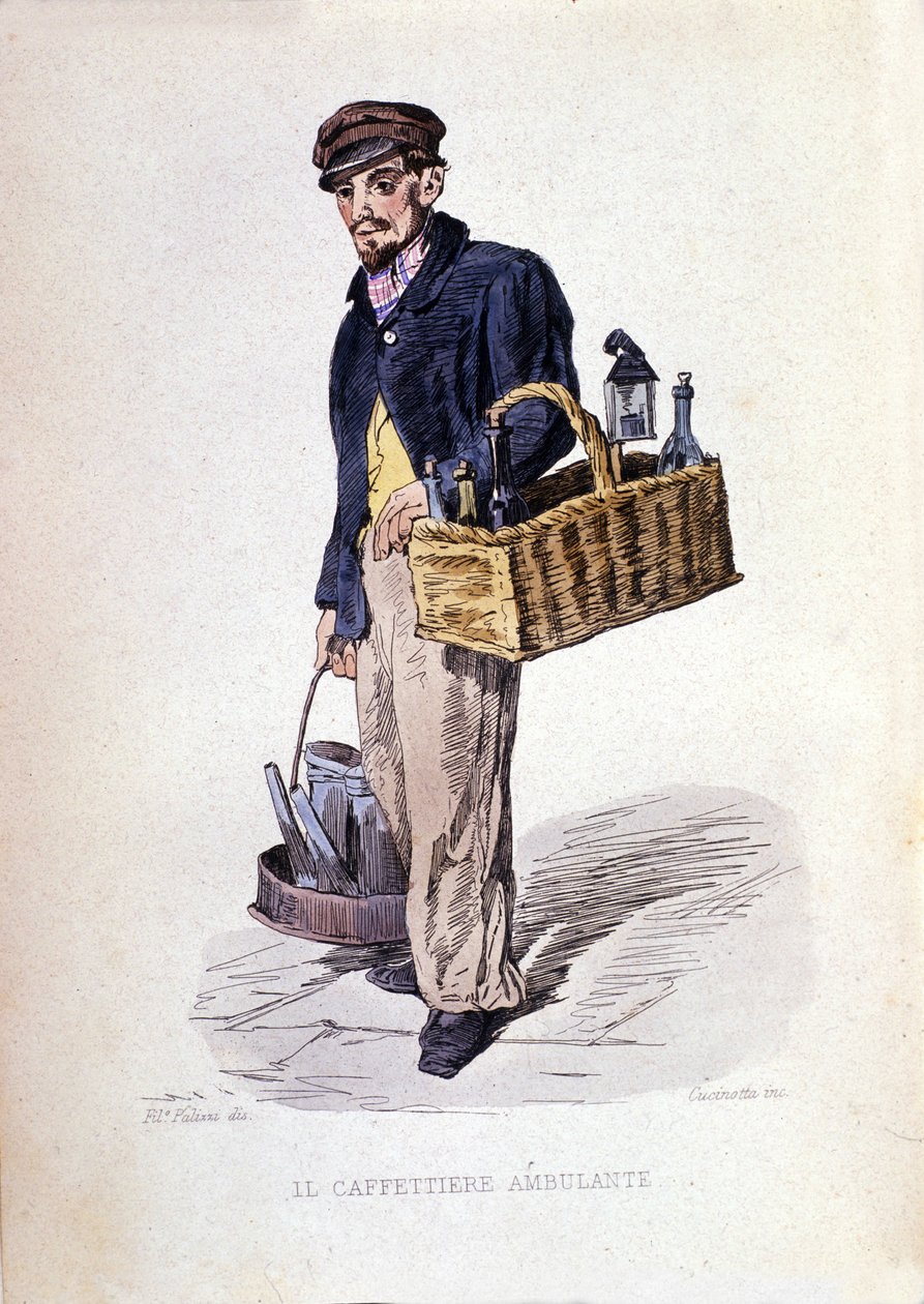 Pequeno comércio da cidade de Nápoles: o "caffettiere", um comerciante de café napolitano. Gravura segundo uma pintura de F. Palizza. De uma obra de Francesco de Bourcard "Costumi del regno di Napoli" de Filippo Palizzi