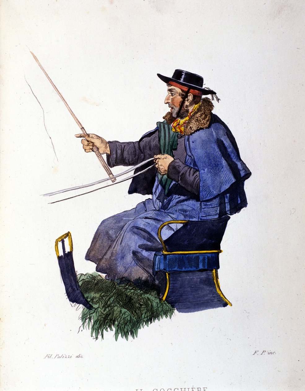 Pequeno comércio da cidade de Nápoles: o cocheiro. Gravura segundo uma pintura de F. Palizza. De uma obra de Francesco de Bourcard "Costumi del regno di Napoli" de Filippo Palizzi
