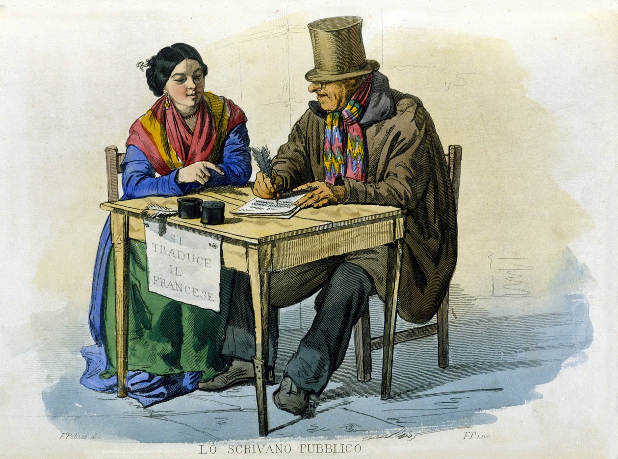 Pequeno comércio da cidade de Nápoles: o escritor público. Gravura a partir de uma pintura de F. Palizza. De uma obra de Francesco de Bourcard "Costumi del regno di Napoli" de Filippo Palizzi
