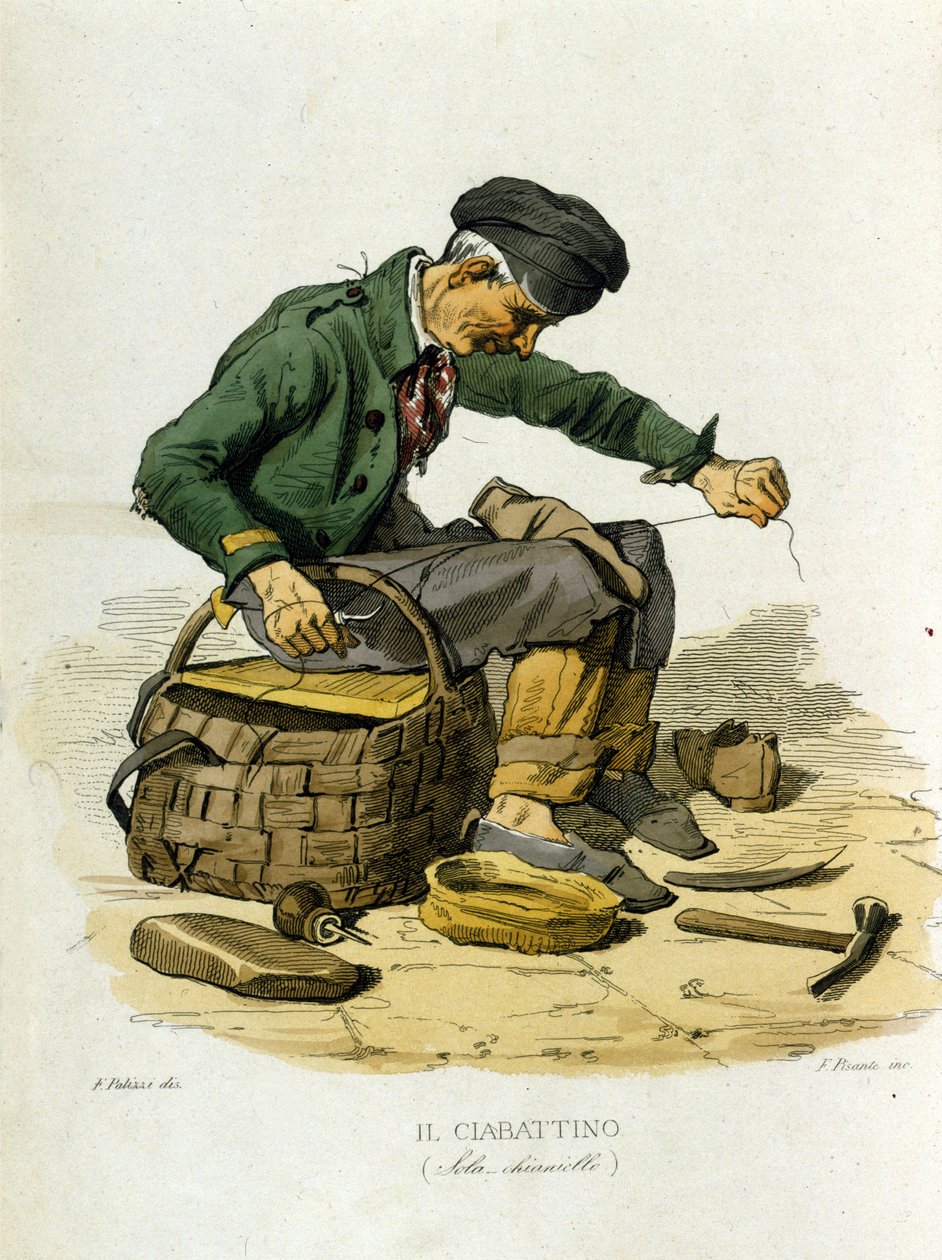Pequeno comércio da cidade de Nápoles: o saveiro. Gravura a partir de uma pintura de F. Palizza. De uma obra de Francesco de Bourcard "Costumi del regno di Napoli" de Filippo Palizzi