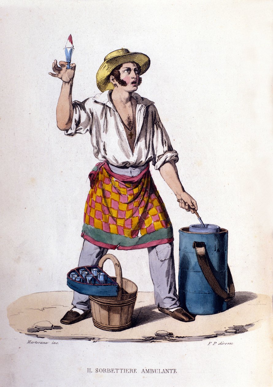 Pequeno comércio da cidade de Nápoles: o vendedor de gelados e sorvetes. Gravura a partir de uma pintura de F. Palizza. De uma obra de Francesco de Bourcard "Costumi del regno di Napoli" de Filippo Palizzi