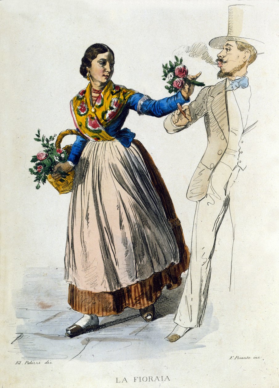 Pequeno comércio da cidade de Nápoles: jovem florista a tratar de um ramo de flores para um homem elegante. Gravura a partir de uma pintura de F. Palizza. De uma obra de Francesco de Bourcard "Costumi del regno di Napoli" de Filippo Palizzi